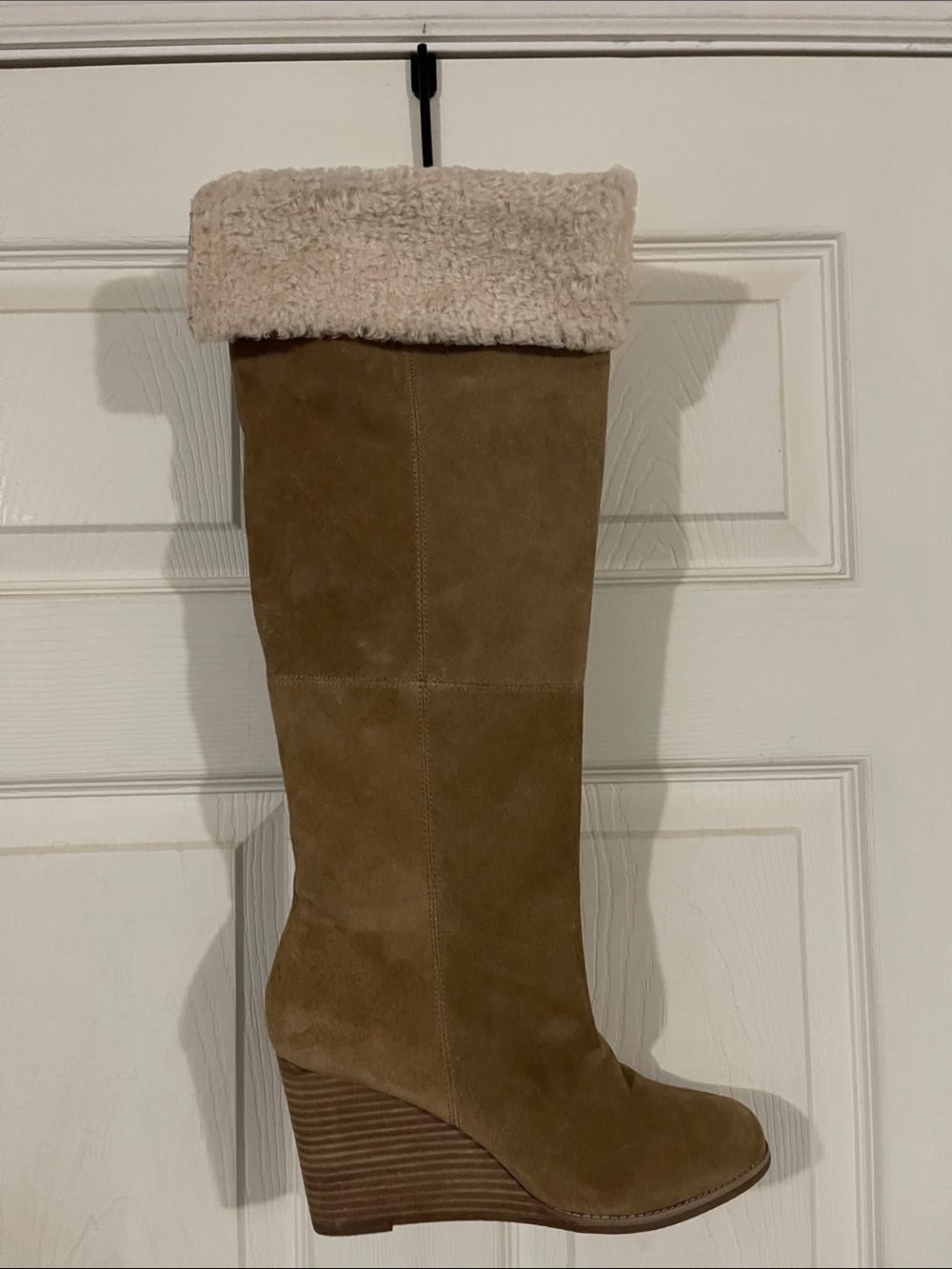 Lucky Brand Tan Suede Knee-High Wedge Boot with Cream Shearling Cuff